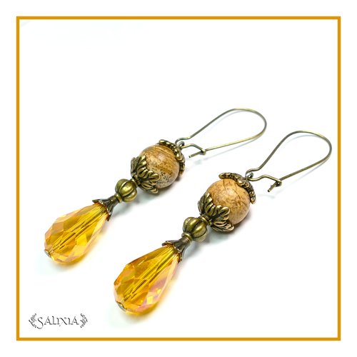Boucles d'oreilles pierres fines de jaspe paysage cristal couleur topaze dormeuses ou crochets au choix (#bo75)