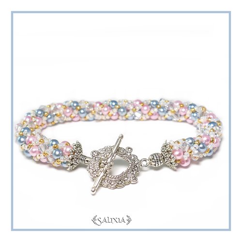 Bracelet "charme vintage" tissé à l'aiguille perles japonaises cristal bleuté perles rose poudré et bleu tendre (#sr18)