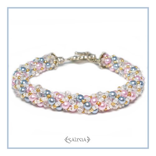 Bracelet "charme vintage" tissé à l'aiguille perles japonaises cristal bleuté perles rose poudré et bleu tendre (#sr18)