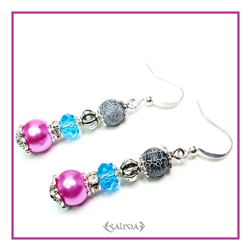 Boucles d'oreilles cristal perles d'agate veine de dragon noires mat givrées crochets au choix (#bo57)