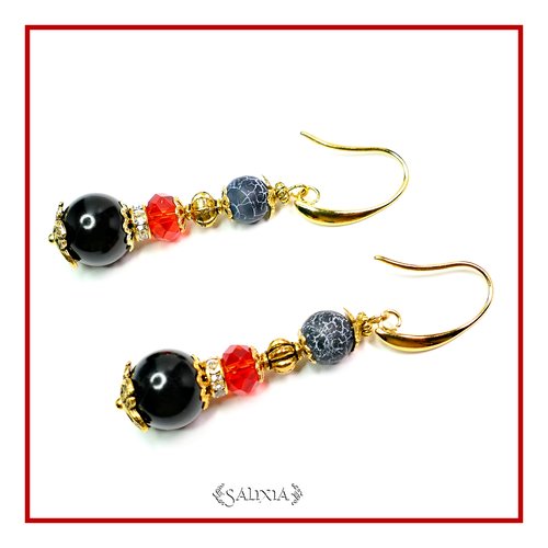 Boucles d'oreilles cristal perles d'agate veine de dragon noires mat givrées crochets au choix (#bo56)