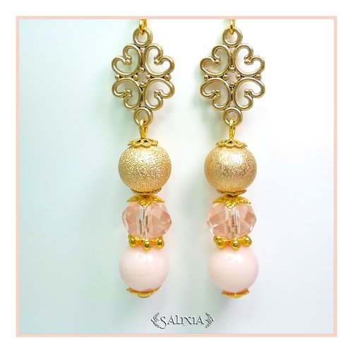 Boucles d'oreilles cristal, perles de jade rose opaline crochets acier inoxydable doré (#bo54)