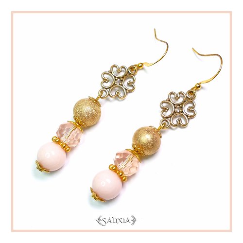 Boucles d'oreilles cristal, perles de jade rose opaline crochets acier inoxydable doré (#bo54)