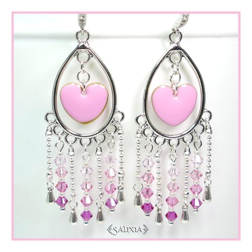 Boucles d'oreilles cristal et coeur rose crochets au choix (#bo38)