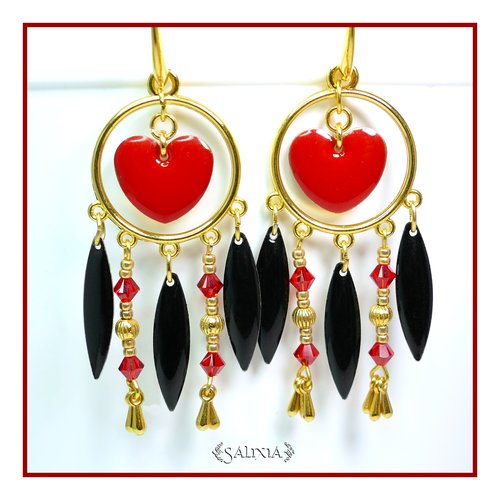 Boucles d'oreilles cristal et coeur rouge crochets au choix (#bo37)