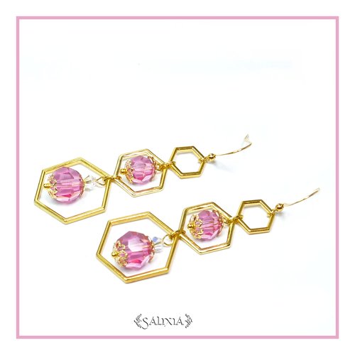Boucles d'oreilles cascade hexagonale de cristal rose crochets en acier inoxydable doré (#bo79)