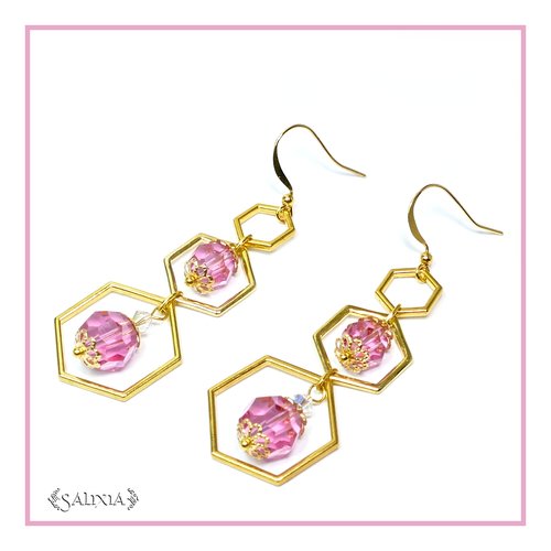Boucles d'oreilles cascade hexagonale de cristal rose crochets en acier inoxydable doré (#bo79)