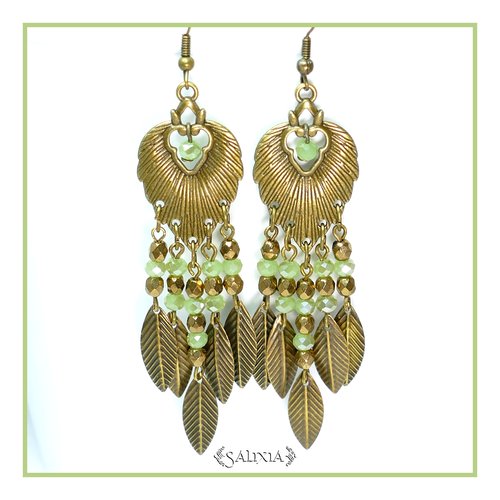 Boucles d'oreilles feuilles bronze perles vert opale irisé crochets au choix (#bo72)