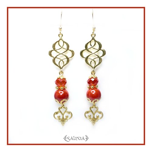 Boucles d'oreilles cristal et perle de jade rouge crochets en acier inoxydable doré (#bo68)