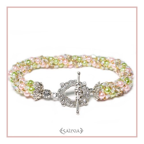 Bracelet "harmonie pastel" au charme vintage tissé à l'aiguille perles japonaises cristal gris fumé perles rose et vert pâle  (#sr25)