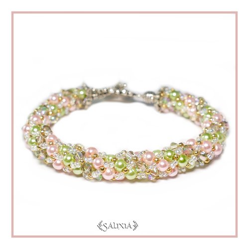 Bracelet "harmonie pastel" au charme vintage tissé à l'aiguille perles japonaises cristal gris fumé perles rose et vert pâle  (#sr25)