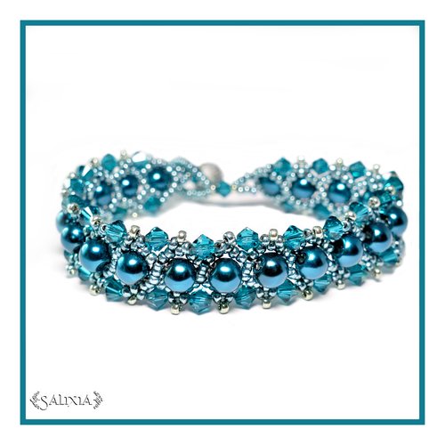 Bracelet "bleu teal" tissé à l'aiguille perles japonaises cristal et perles bleues (#pl6)