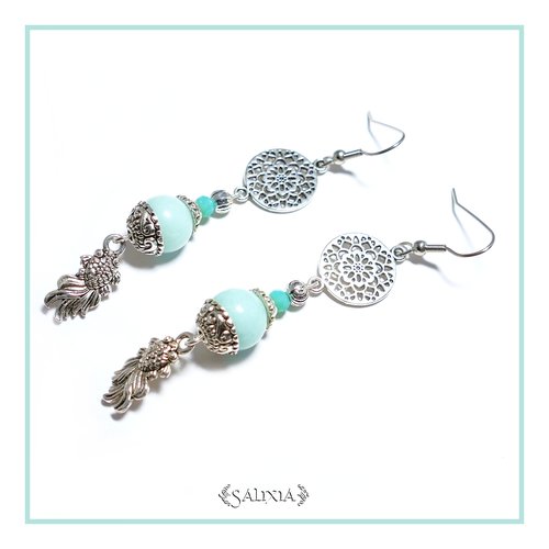 Boucles d'oreilles poissons japonais perles de jade crochets en acier inoxydable (#bo63)