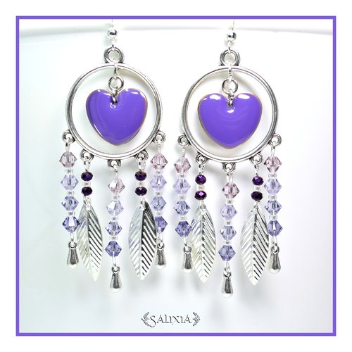Boucles d'oreilles cristal et coeur violet crochets en acier inoxydable (#bo55)
