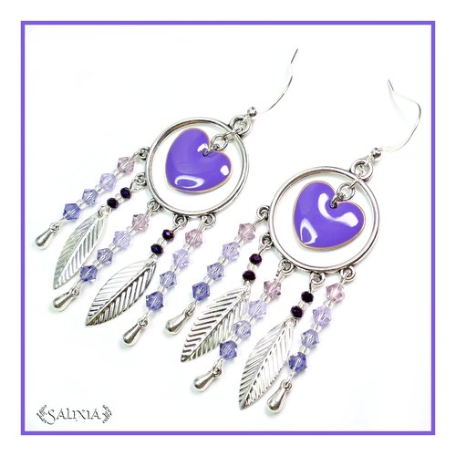 Boucles d'oreilles cristal et coeur violet crochets en acier inoxydable (#bo55)