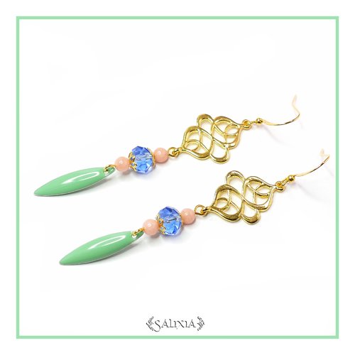 Boucles d'oreilles cristal saphir, perles de jade rose pâle crochets en acier inoxydable doré (#bo86)