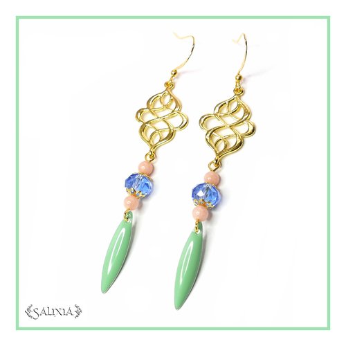 Boucles d'oreilles cristal saphir, perles de jade rose pâle crochets en acier inoxydable doré (#bo86)
