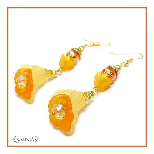 Boucles d'oreilles fleurs orangées esprit narcisse crochets acier inoxydable doré (#bo-l6)