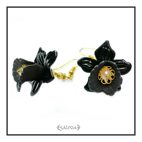 Boucles d'oreilles l'orchidée noire crochets en acier inoxydable doré (#bo-l11)