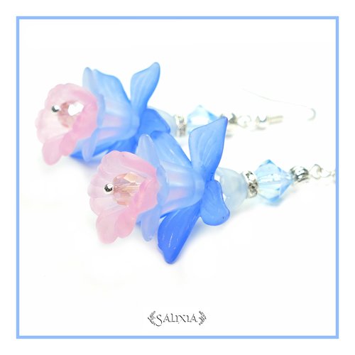 Boucles d'oreilles fleurs d'ipomées bleues et roses crochets en acier inoxydable (#bo-l15)