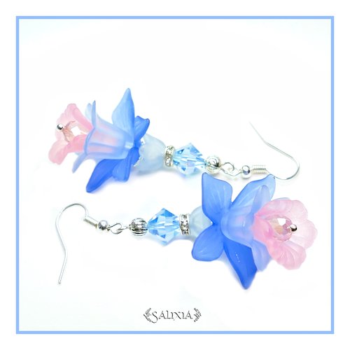 Boucles d'oreilles fleurs d'ipomées bleues et roses crochets en acier inoxydable (#bo-l15)