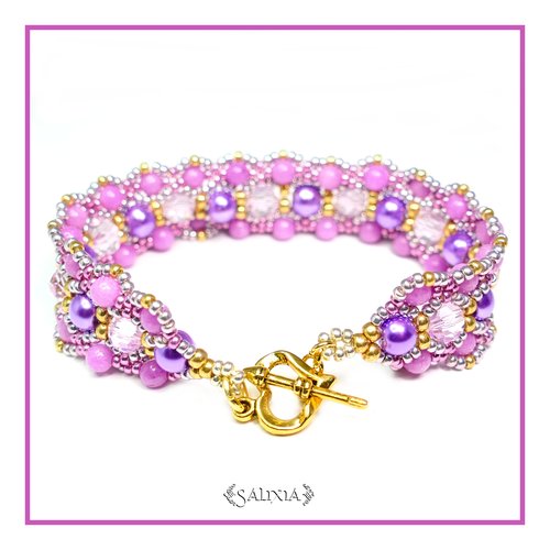 Bracelet cristal perles et jade rose toggle coeur ou mousqueton en acier inoxydable au choix (#bc19)