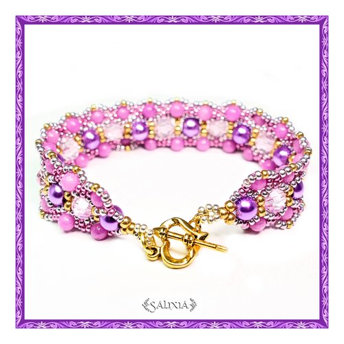 Bracelet cristal perles et jade rose toggle coeur ou mousqueton en acier inoxydable au choix (#bc19)