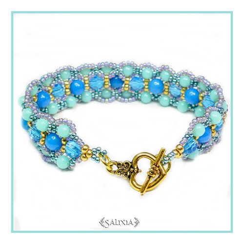 Bracelet cristal turquoise jade bleu toggle coeur ou mousqueton en acier inoxydable au choix (#bc15)