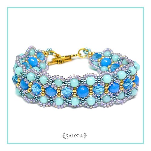 Bracelet cristal turquoise jade bleu toggle coeur ou mousqueton en acier inoxydable au choix (#bc15)