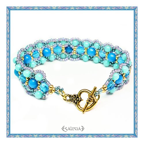 Bracelet cristal turquoise jade bleu toggle coeur ou mousqueton en acier inoxydable au choix (#bc15)