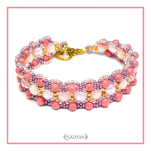 Bracelet tissé cristal et jade rose toggle coeur ou mousqueton en acier inoxydable au choix (#bc14.1)