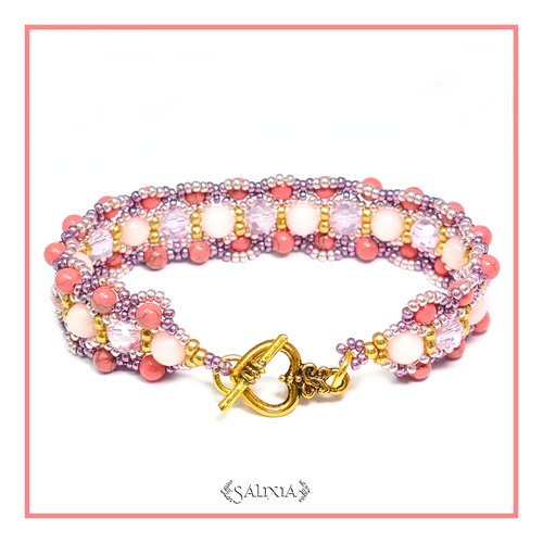 Bracelet tissé cristal et jade rose toggle coeur ou mousqueton en acier inoxydable au choix (#bc14.1)