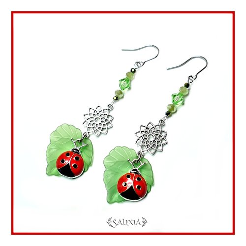 Boucles d'oreilles coccinelle, cristal, rosace fleurie, crochets en acier inoxydable (#bo-l27)