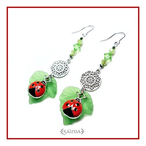Boucles d'oreilles coccinelle, cristal, mandala argenté, crochets en acier inoxydable (#bo-l28)