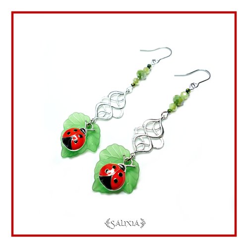 Boucles d'oreilles coccinelle, connecteurs argentés, crochets en acier inoxydable (#bo-l30)