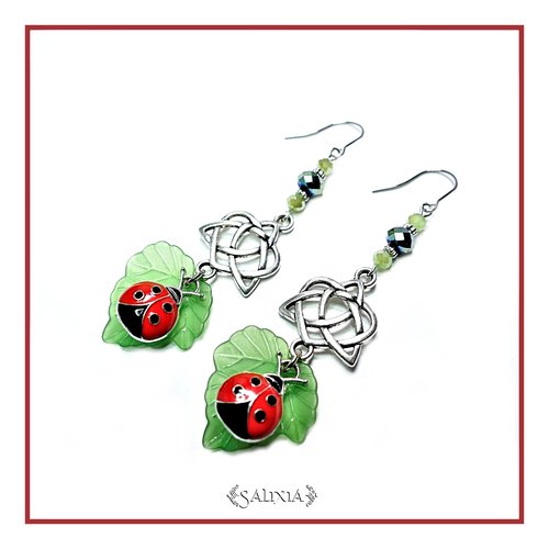 Boucles d'oreilles coccinelle, connecteurs celtiques argentés, crochets en acier inoxydable (#bo-l31)