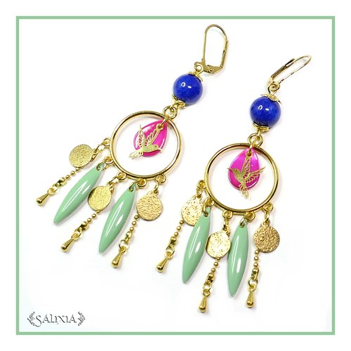 Boucles d'oreilles colibri perles de jade nacre dormeuses ou crochets acier inoxydable doré (#bo95)