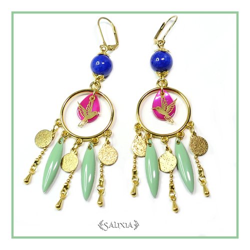 Boucles d'oreilles colibri perles de jade nacre dormeuses ou crochets acier inoxydable doré(#bo95)