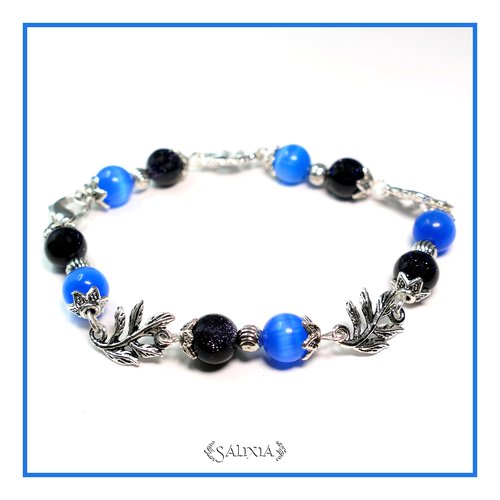 Bracelet perles pierre de sable bleu nuit étoilé luna acier inoxydable (#bc21 p37)