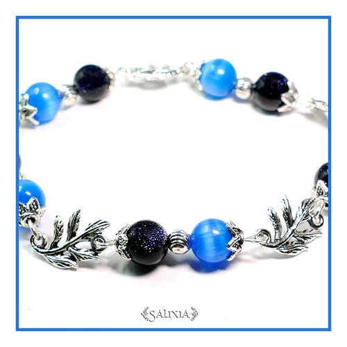 Bracelet perles pierre de sable bleu nuit étoilé luna acier inoxydable (#bc21 p37)