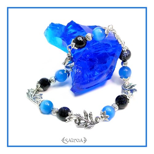 Bracelet perles pierre de sable bleu nuit étoilé luna acier inoxydable (#bc21 p37)