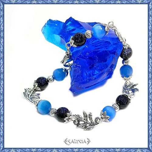 Bracelet perles pierre de sable bleu nuit étoilé luna acier inoxydable (#bc21 p37)