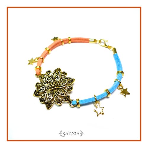 Bracelet "maiana" fleur des îles cordons turquoise et corail étoiles dorées (#bc22 p39)