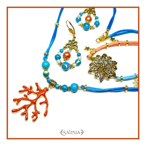 Collier maiana pendentif branche corail perles de jaspe impérial cordon ou chaine acier inoxydable doré au choix (#c42 p39)
