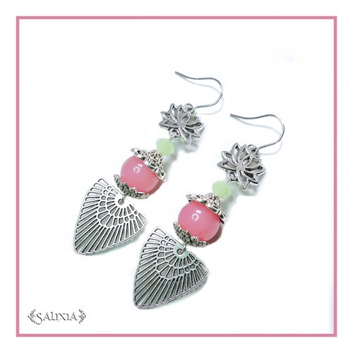 Boucles d'oreilles pierres fines de jade rose et fleur de lotus crochets en acier inoxydable (#bo101)