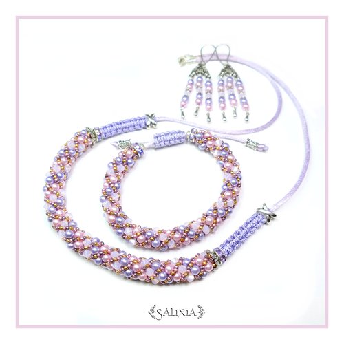 Collier "shana" tissé à l'aiguille perles japonaises cristal rose opale perles rose poudré et parme (#c44 p42)