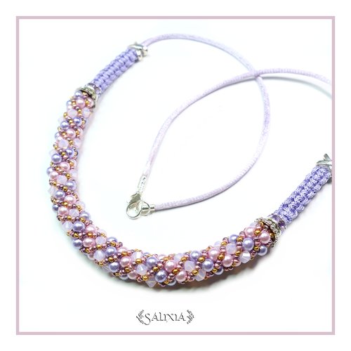 Collier "shana" tissé à l'aiguille perles japonaises cristal rose opale perles rose poudré et parme (#c44 p42)