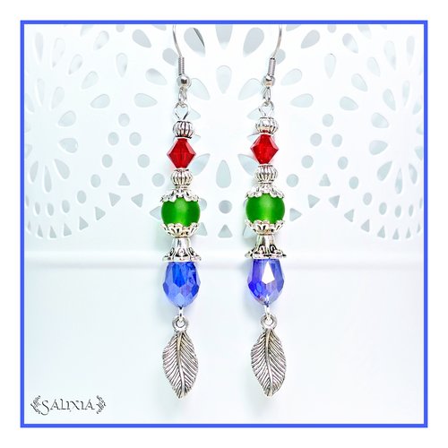 Boucles d'oreilles cristal gouttes bleu saphir et perles sea glass vert crochets en acier inoxydable (#bo108)