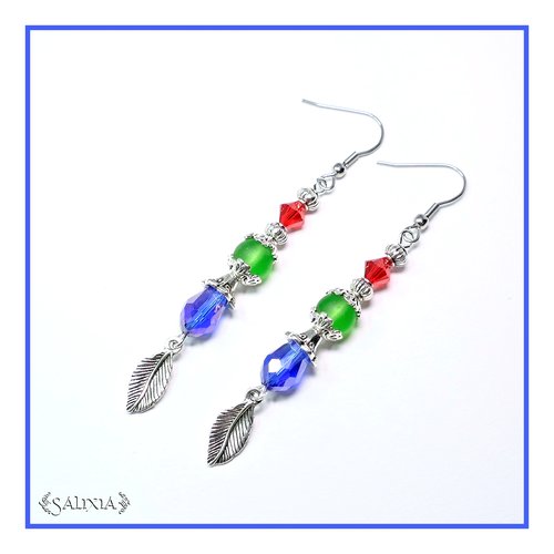 Boucles d'oreilles cristal gouttes bleu saphir et perles sea glass vert crochets en acier inoxydable (#bo108)