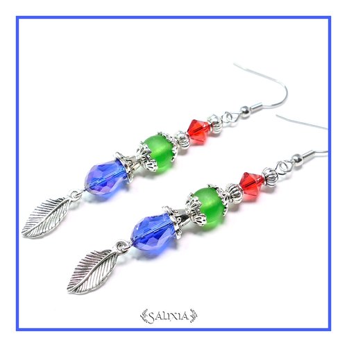 Boucles d'oreilles cristal gouttes bleu saphir et perles sea glass vert crochets en acier inoxydable (#bo108)